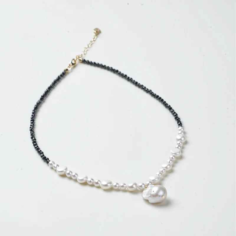 

NYMPH real nature freshwater baroque pearl necklace with black crystal designer style