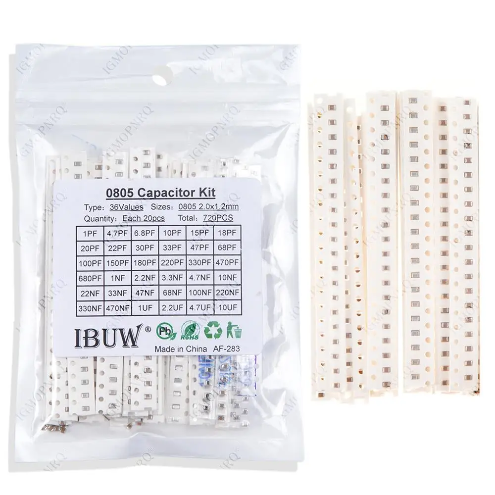 36values each 20pcs=720pcs 0805 SMD Capacitor assorted kit 1pF~10uF component diy samples kit 1PF 4.7PF 1NF 2.2NF 3.3NF 1UF 10UF