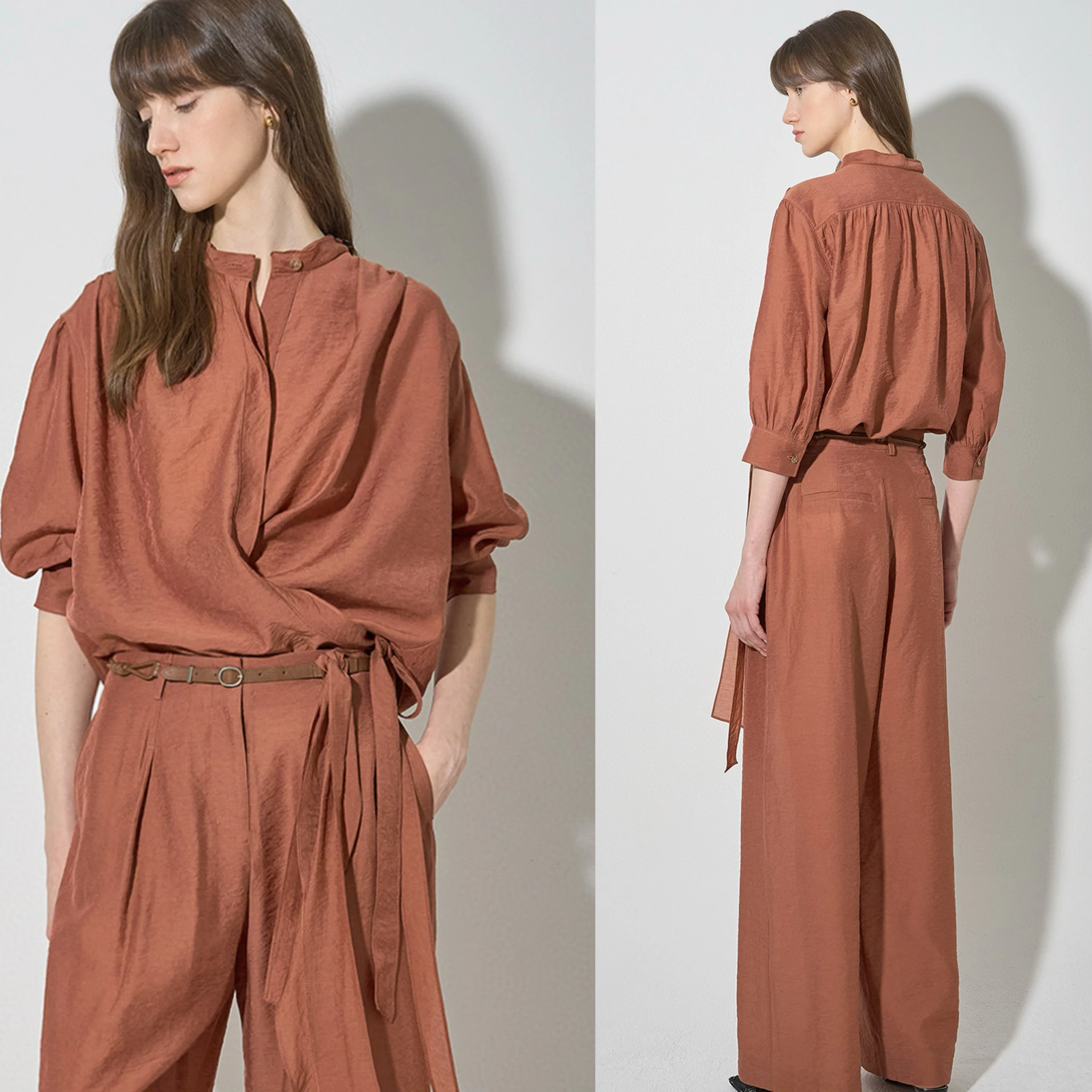 

Cooling Long Sve irt Korean Sle Commute Loose Fit Stand Collar Button up Women's Premium Faion Summer irt