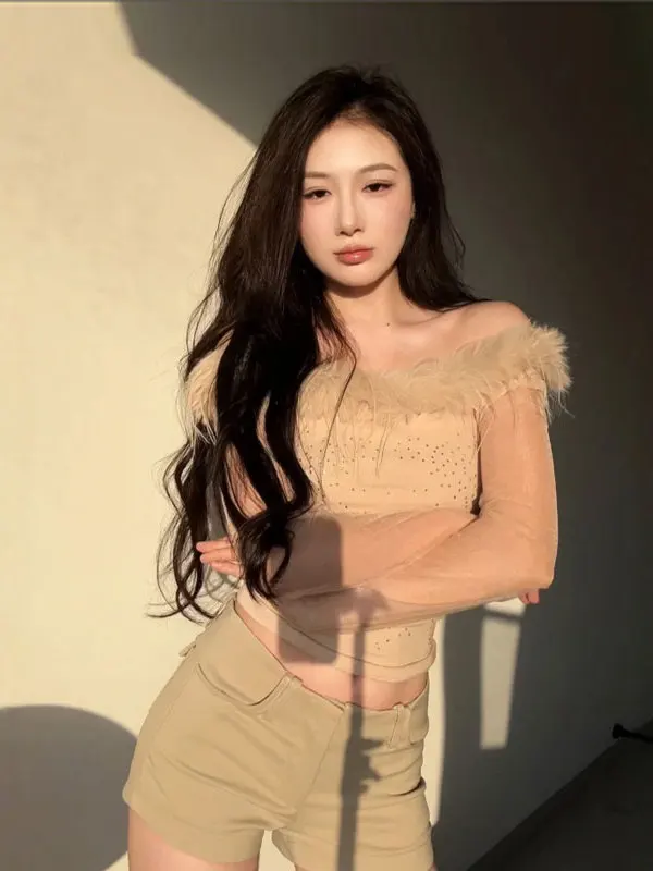 

American Retro Sle ort oulder T-irt Slim Fit Unique Design Long Sve Pure Color Travel Casual Wear for Ladies