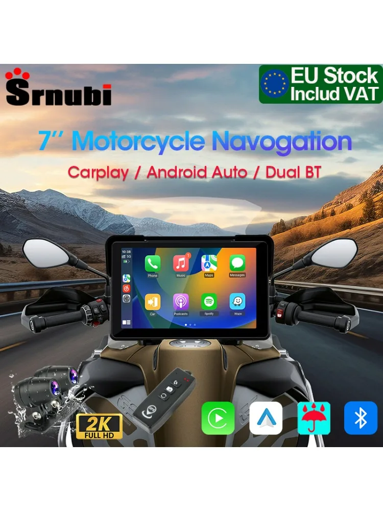 Srnubi 7-Zoll-Bildschirm Tragbares Motorrad 2K Full HD Wireless Carplay Android Auto Wasserdichter Motorrad-GPS-Navigationsmonitor