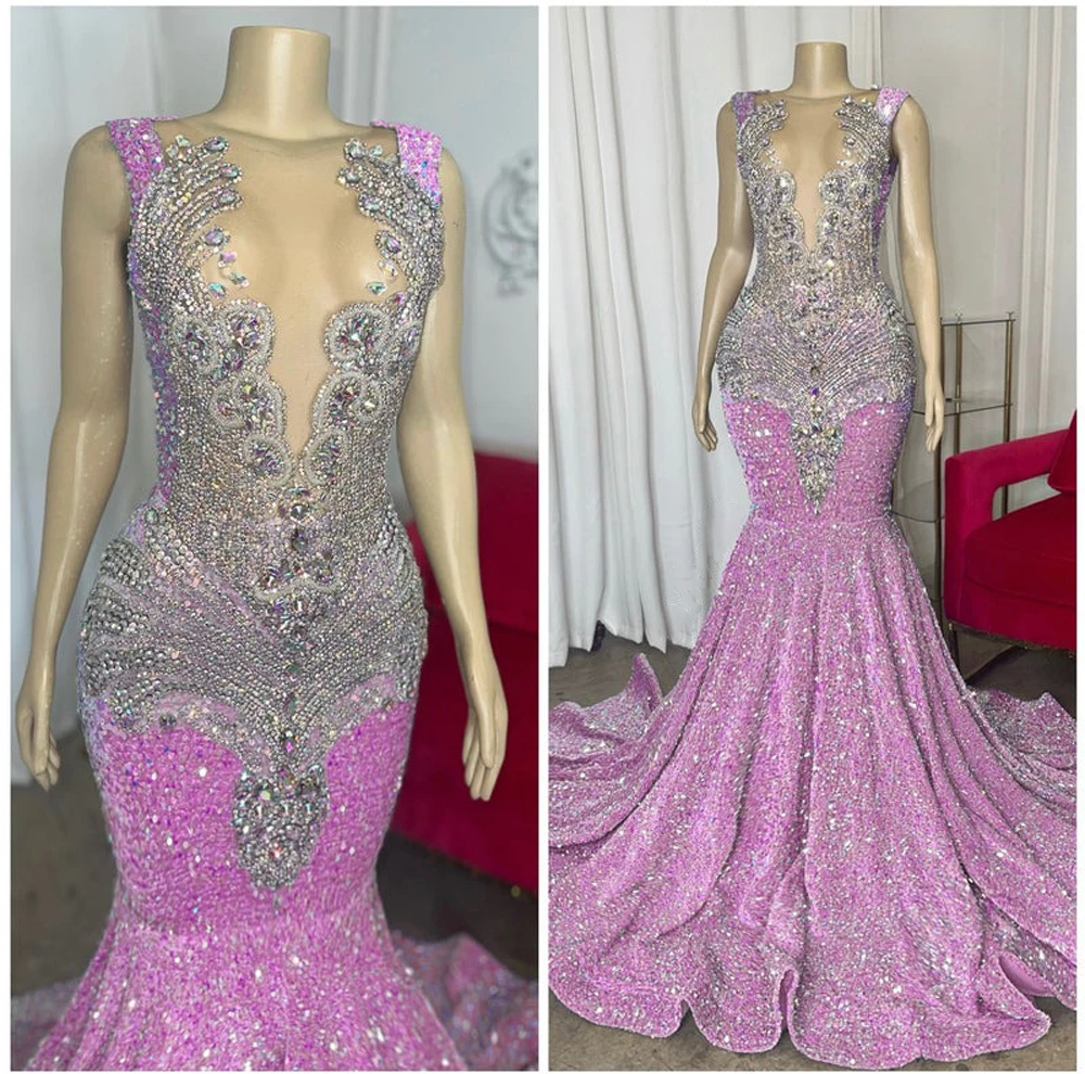 Luxury Rhinestone Pink Sequin Prom Dresses for Black Girls Sheer O Neck Crystal Sparkly Long Mermaid Prom Gowns Customized