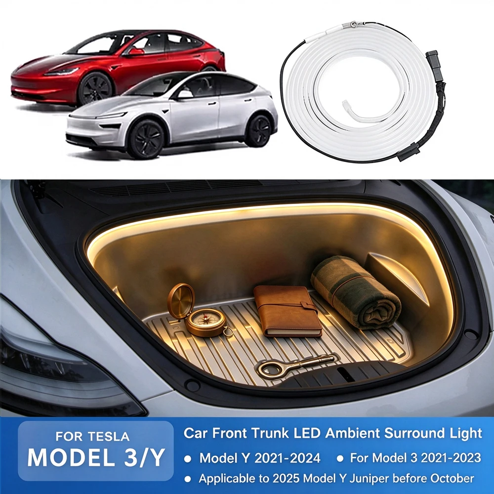 Magnetic Suction Car Front Spare Box LED Atmosphere Light For Tesla Model Y/3 2021-2026 Decorative Silicone Lighting Accessories