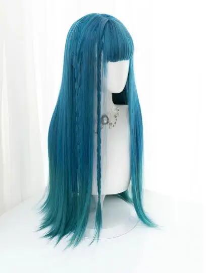 Blue gradient green synthetic wig paired with natural straight wig, suitable for female role-playing with heat resistance