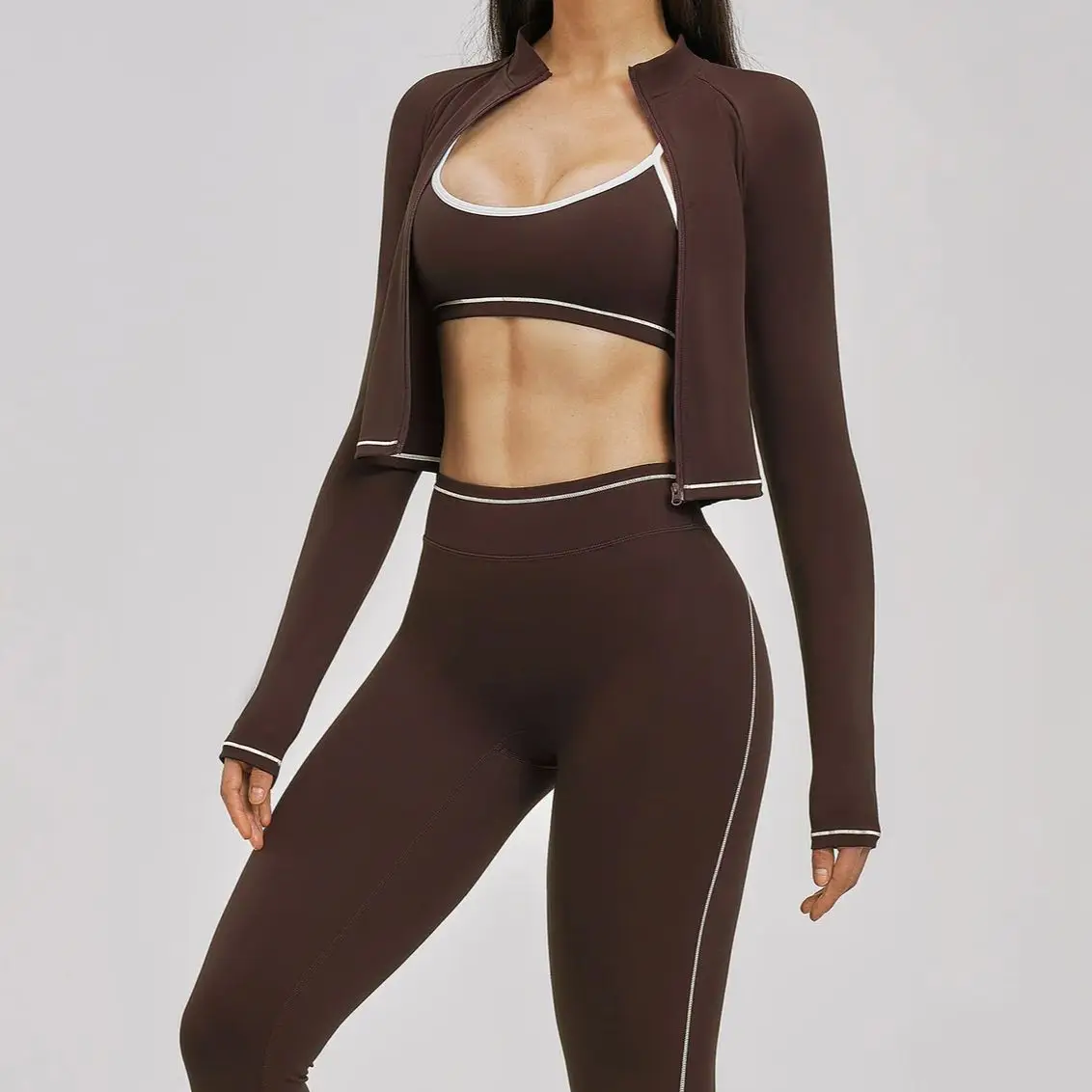 Ningyu 3PCS Women Yoga Set Tracksuit Zipper Long Sleeve Gym Suit Breathable Sports Outfit Female Athletic Wear Workout Clothing