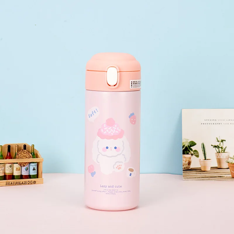 380ml Cute Cartoon Animal 304 Stainless Steel Water Bottle, One Click Pop Up Straw Insulated Thermos for Kids Girls Students