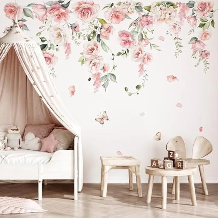 

Spring Large Pink Flower Wall Decals Hanging Vine Floral Wall Stickers Baby ry Girls Bedroom Living Room Wall Decor