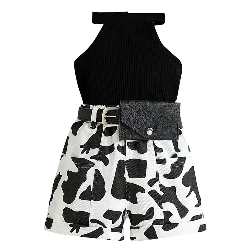 

3Piece Summer Girl Boutique Clothing Korean Kids Clothes Fashion Sleeveless Baby Tops+Print Shorts+Belt Children's Sets B049