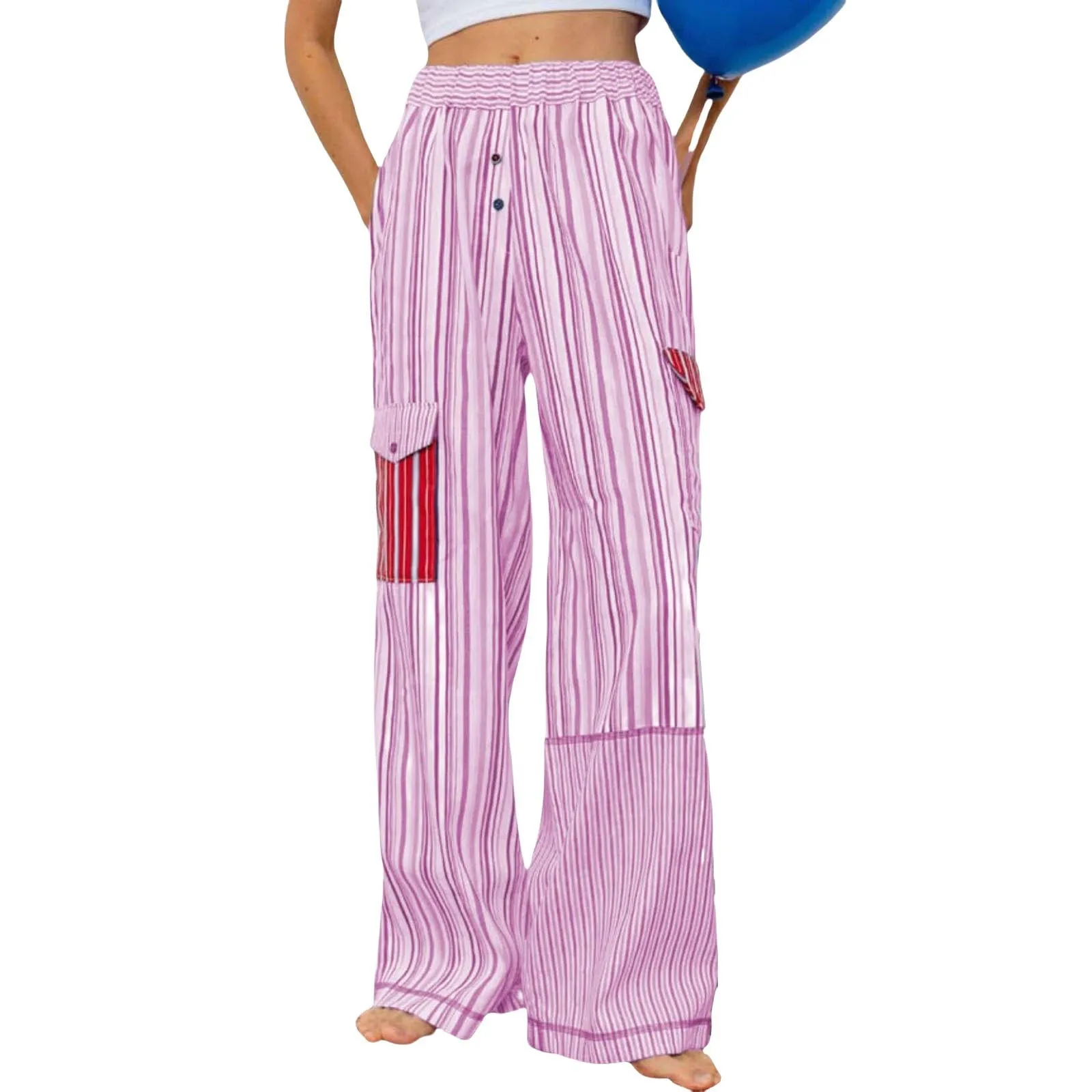 Женские цветные полосатые брюки с карманами, повседневные широкие прямые брюки средней посадки в стиле пэчворк, модные удобные брюки
