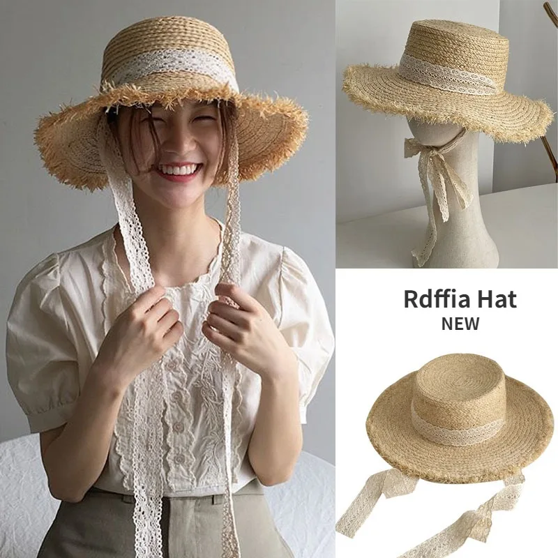 Flat Natural Raffia Straw Hat Women\'s Summer 2024 New Korean Version Ins Small Fresh French Lace Seaside Beach Hat