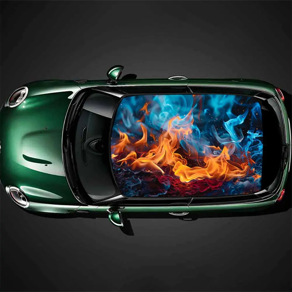 Burning Blue Flames and Smoke Car Roof Sticker Wrap Racing SUV Auto Accessories Packaging PVC Car Hood Graphic Decal Decor Gift