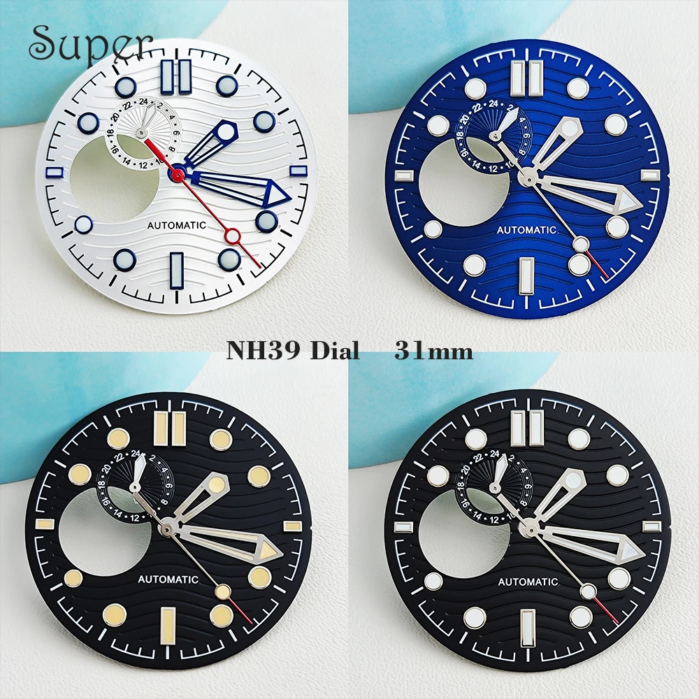 31mm NH39 Dial Wave-Textured Dial Diversified Hands Customizable Logo Dial Green Luminous Watch Dial Fit NH39 Watch Accessories