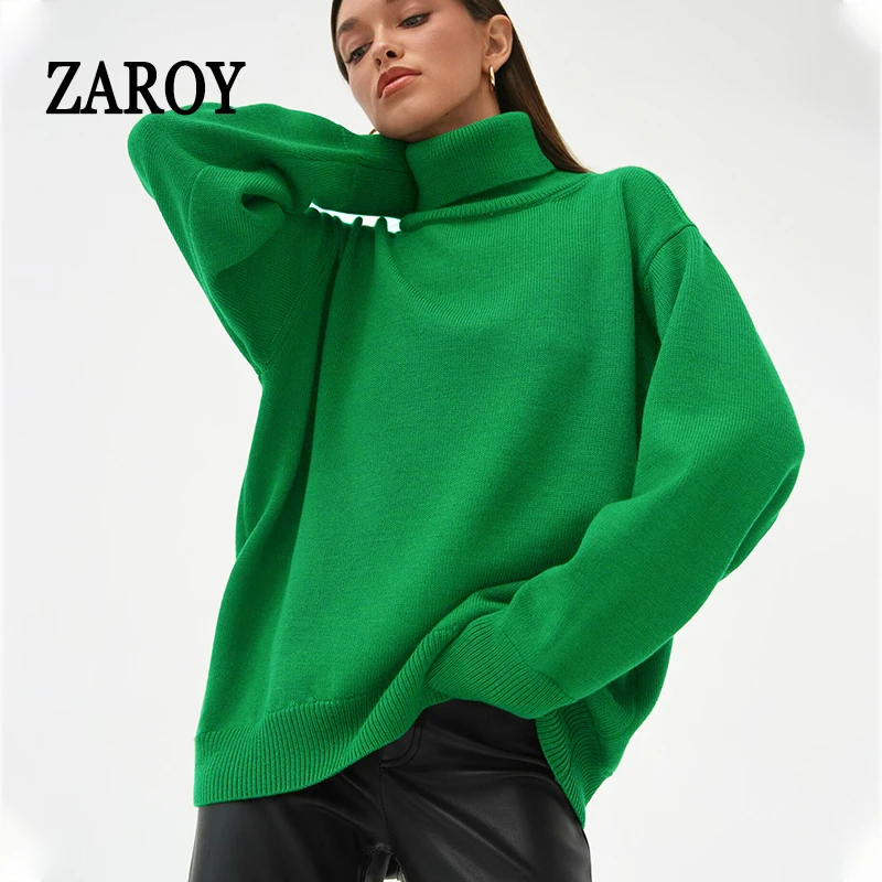 

ZAROY Women's Knitted Sweater Turtleneck White Black Christmas Loose Oversized Pullover Casual Knitwear Soft Sweater for Women