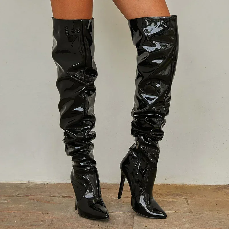 Overknee-Stiefel für Damen, modisch, spitzer Zehenbereich, schwarzer seitlicher Reißverschluss, dünne High Heels, weiblich, glänzend, plissiert, hoher Absatz, Botas 2024