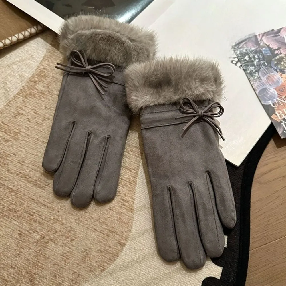 Practical Fleece Lined Faux Fur Gloves Bow Decoration One Size Fleece Lined Gloves Winter Thick Warm Gloves Cold Weather