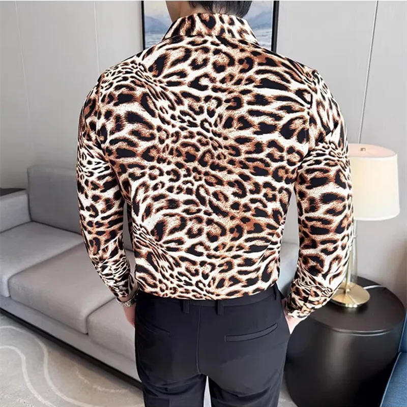 New Men's Long Sleeved Lapel Shirt Slim Fit Tops, Fashion Mens Bar KTV Stage Performance Dress Leopard Print Shirts