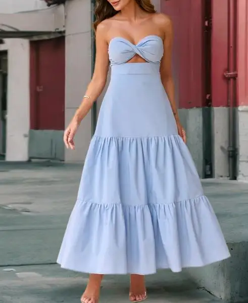 Novo estilo feminino saia evasê, 2025 vestido feminino moda primavera e verão sexy magro-encaixe sem alças halter saia em camadas