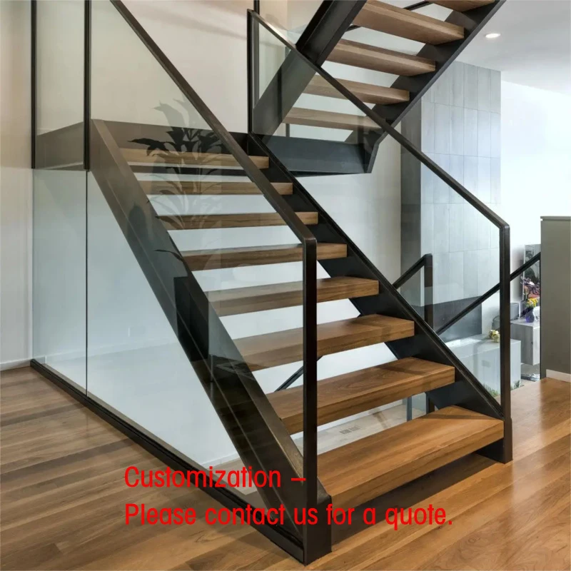custom.DB Marble Plate Beam Staircase Modern Double Plate Stairs with Glass Railing & Metal Treads Apartment In