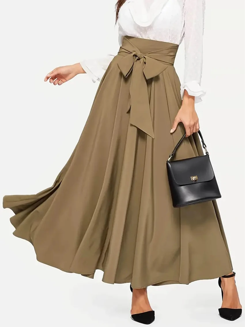 

WXOY Women Flowy High Waist Maxi Skirt Tie Belt Pleated A Line Long Skirts Elegant Casual Office City Chic Daily Wear