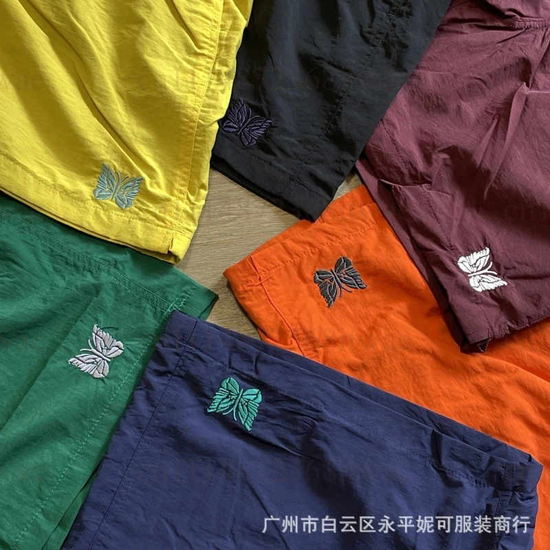 Summer Men Lightweight Nylon Short Pants Quick‑Drying butterfly Embroidery Detail Loose Elastic Drawstring Waist Casual Sports