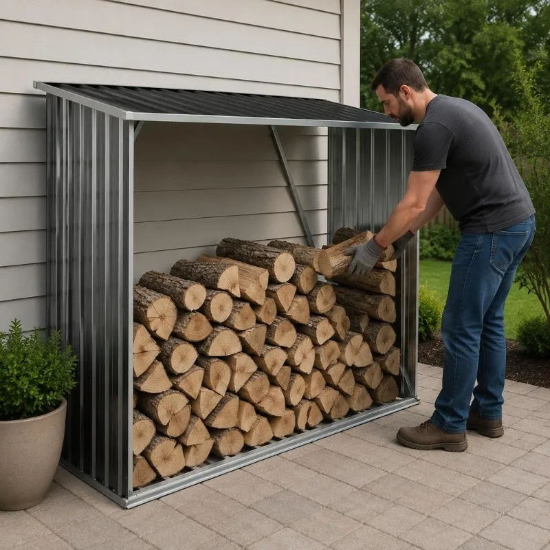 Boîte à bois en acier galvanisé 118 x 58 x 95 cm, design classique avec structure renforcée, lattes ventilées surélevées, toit incliné avec drainage naturel, montage facile