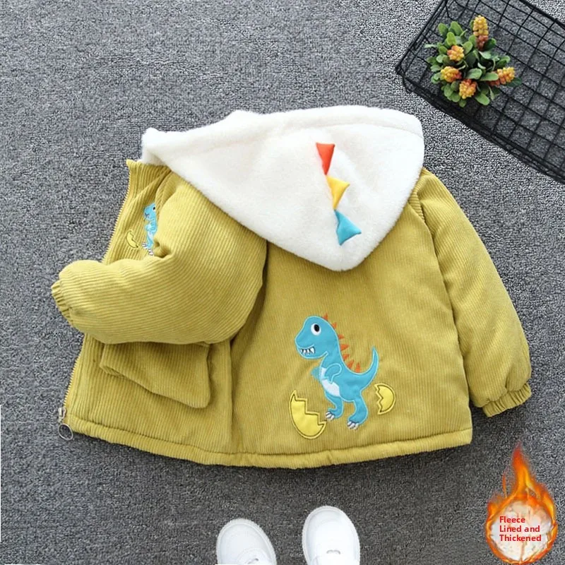 

Thiened Fce Dinosaur Cotton Jaet for Boys Children's Cartoon Warm Outerwear Baby Winter Clothes Street Sle round Nec...