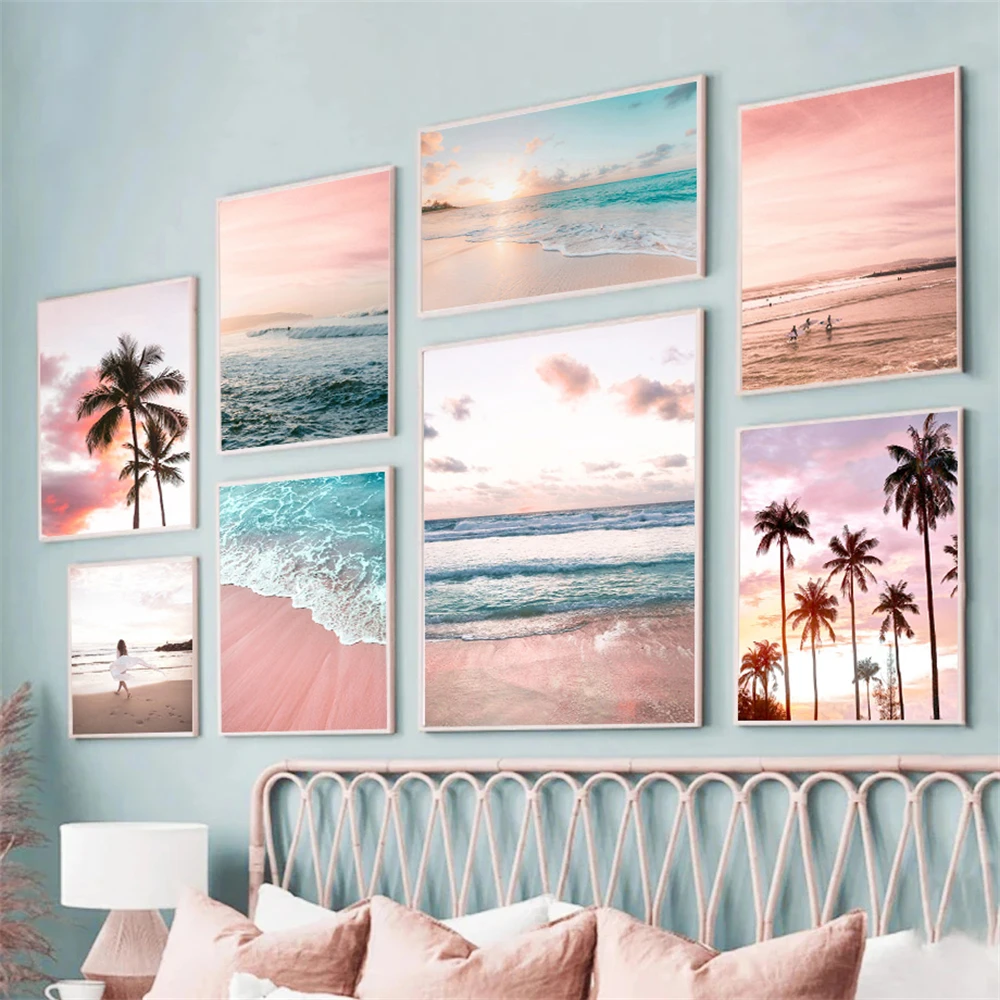 

Pink Sunset Beach Ocean Canvas Poster Printing Sea Surf Coconut Tree Prints Nordic Wall Art Picture Living Room Home Decoration