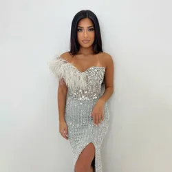 Hot Sale Gray Mermaid One Shoulder High Split Beaded Feather Luxury Evening Dresses Gowns For Women Party 2024 LA72347