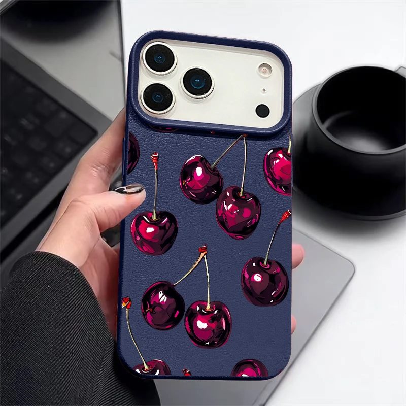 Weinrot-Kirsch-Print Handyhülle für iPhone 17e 18 17 Pro Max 16 15 14 Pro Max 13 Pro Max Stoßfeste TPU-Leder-Textur-Hülle