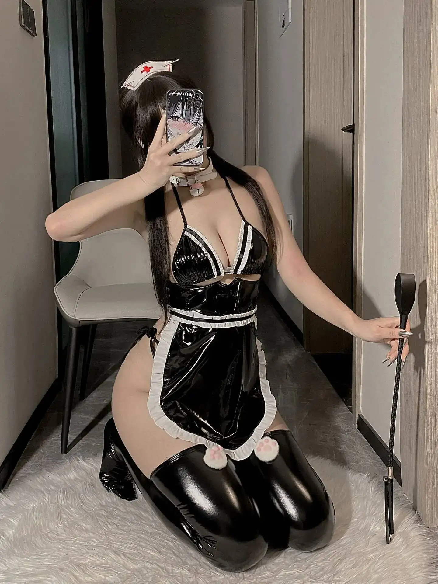 Sexy Patent Leather Dress Elegant Uniform Flirting Sexy Clothes Maid Role Play Fashion Sexy Women Mini Tank Dress IYO8