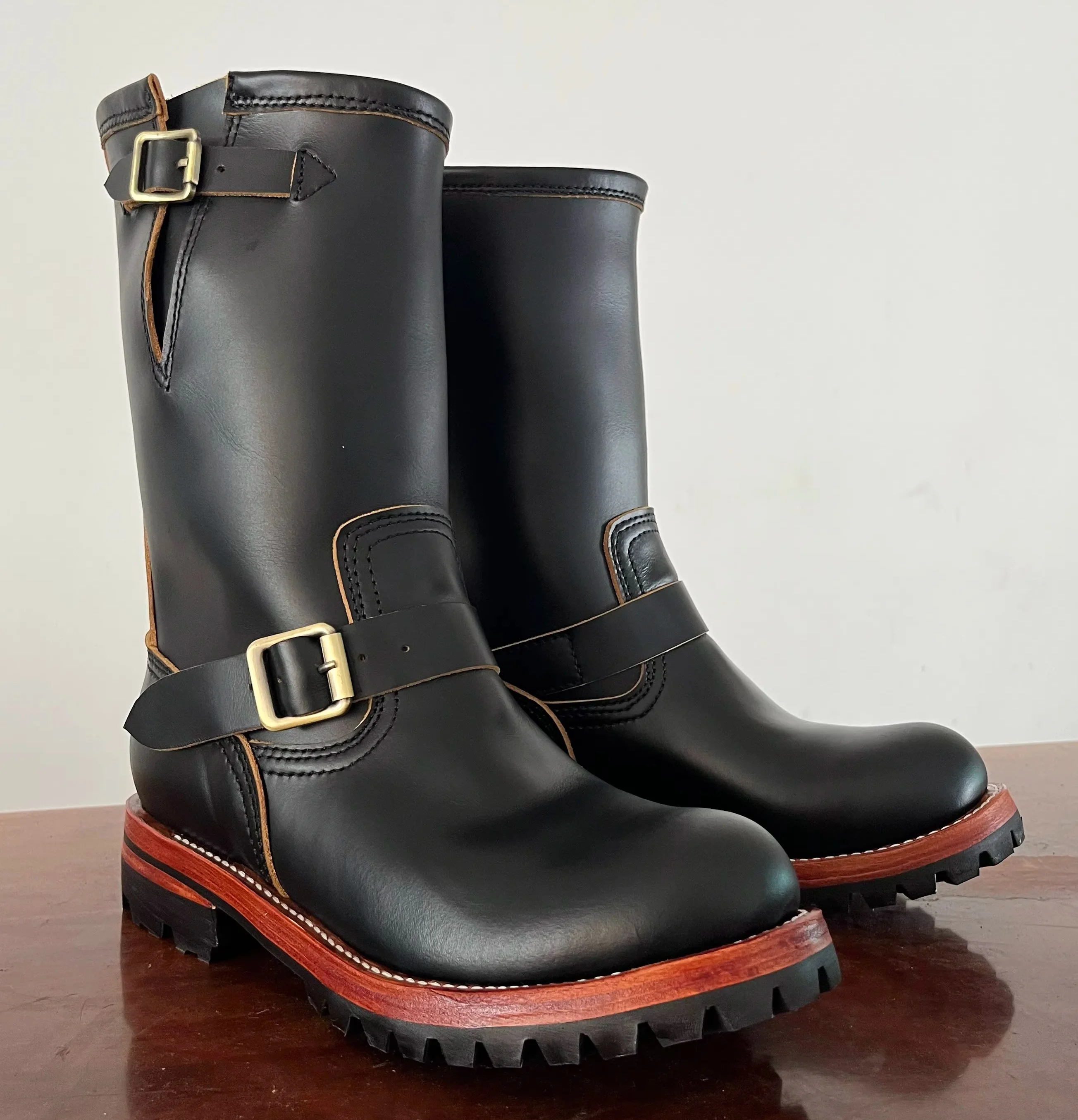 EBE666 Men High‑Shaft Engineer Leather Boots Goodyear Welt Single Buckle Vintage Motorcycle Thick Sole Work Boots For Men Daily