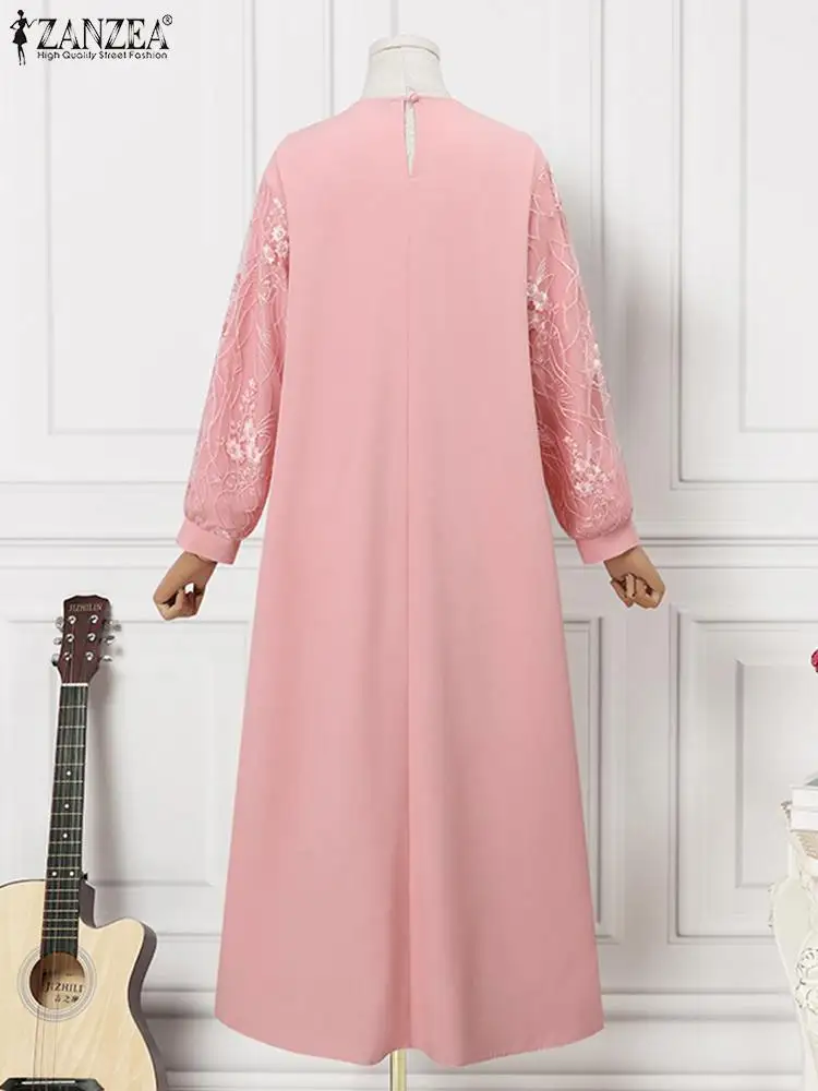 ZANZEA Elegant Women Fashion Long Sleeve Solid Ramadan Turkey Sundress Casual Kaftan Vestido Lace Patchwork Maxi Muslim Dress