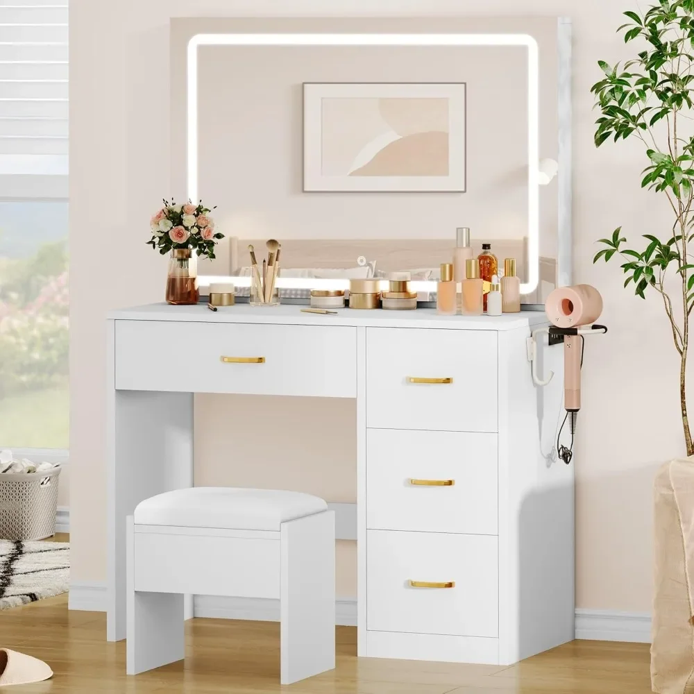 

Vanity Desk with Large LED Mirror, Power Outlet, 3 Lighting Modes, 4 Drawers, and Cushioned Stool for Bedroom