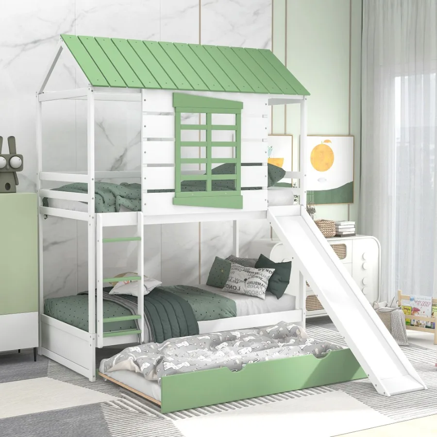 Twin over Twin Size House Bunk Bed with Convertible Slide and Trundle White+Green