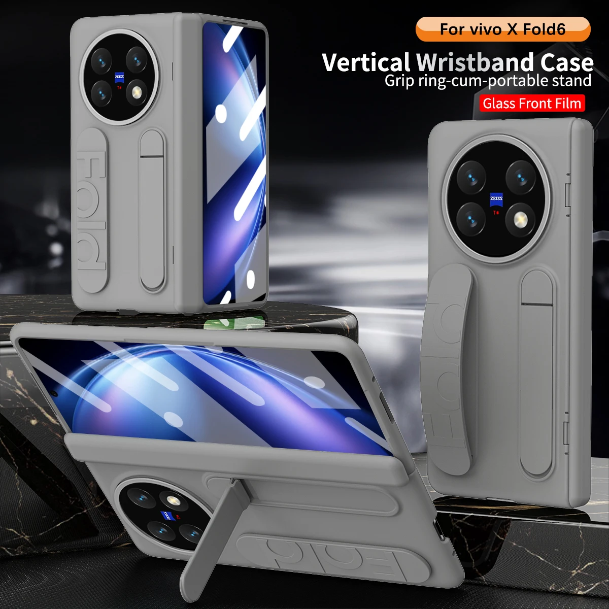 Capa Hinge Funda para VIVO X Fold 6 com Pulseira, Suporte e Proteção de Tela Frontal de Vidro - Capa Plástica