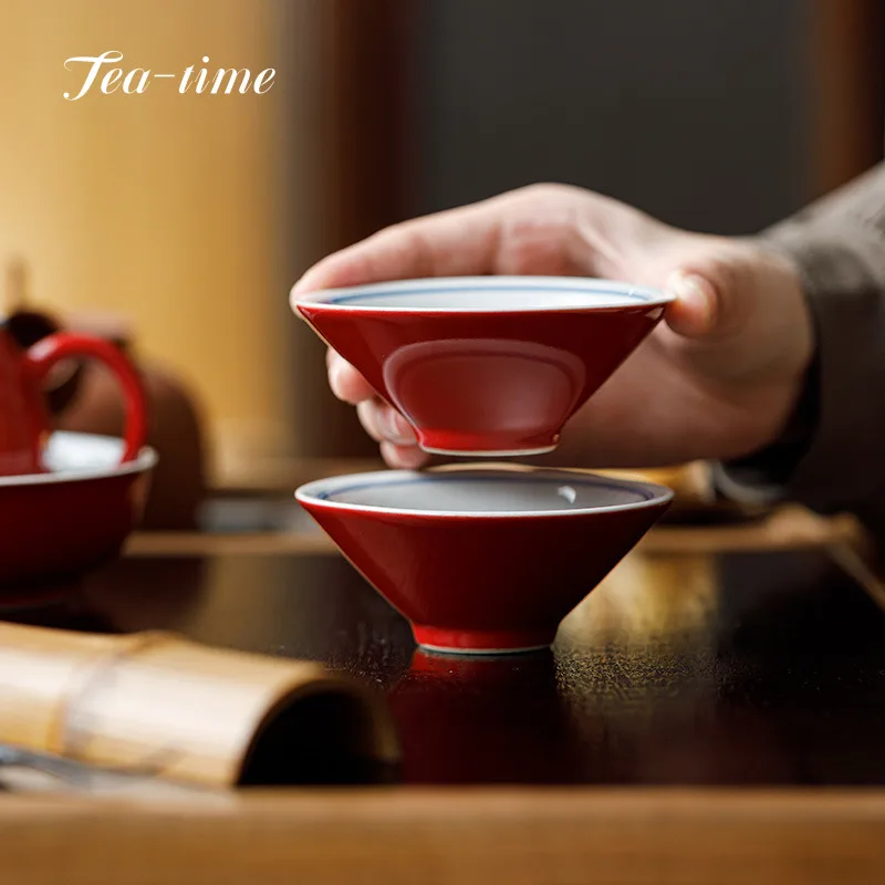 Hand Painted Double-Line Ceramic Tea Cup Bag Hat Cup Forbidden City Red Porcelain Cups Jianzhan Teacups Tool Beautiful Puer Bowl