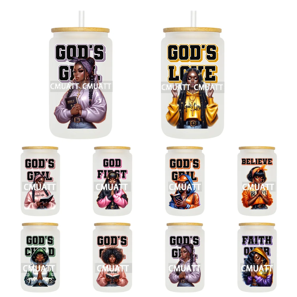 

Religious Faith Afro Praying Women UV DTF Decals Ready To Apply Waterproof Transfer Sticker DIY Crafts For 16OZ Libbey Glass Can