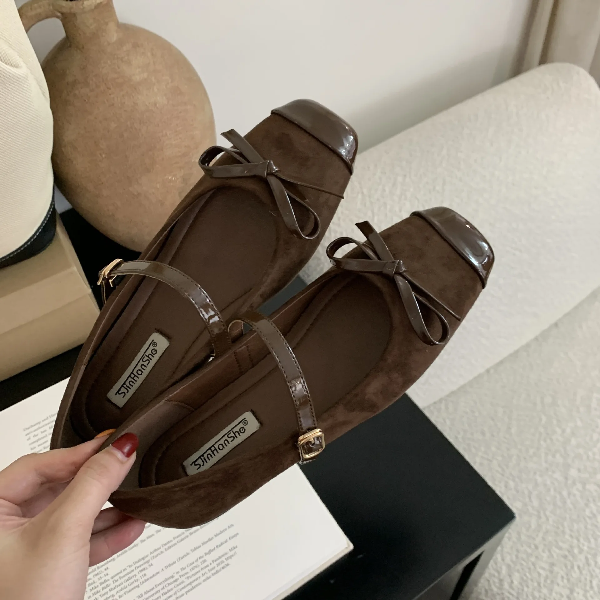 

IPPEUM Mary Janes Shoes Women Ballet Flats 2025 New Buckle Square Toe Brown Ballerina Shoes