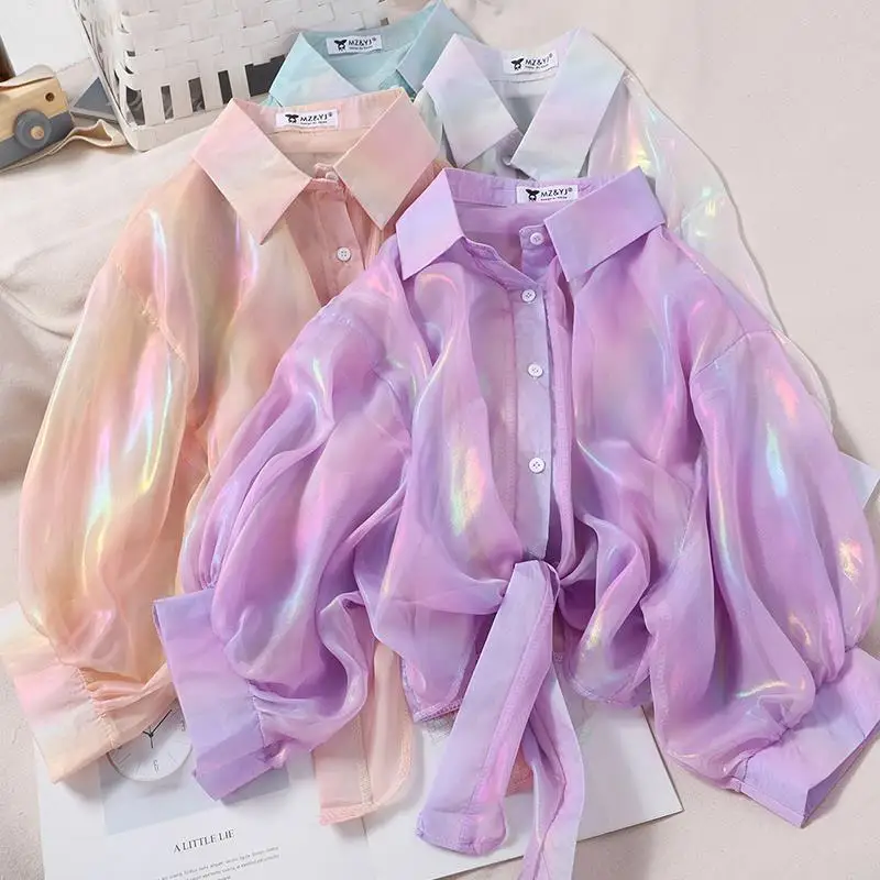 

Y2K Sunscreen Shirt Summer Fashion Rainbow Bright Surface Sweet Girl Korea Appear Thin Refreshing Cardigan Chiffon Shirt Coat