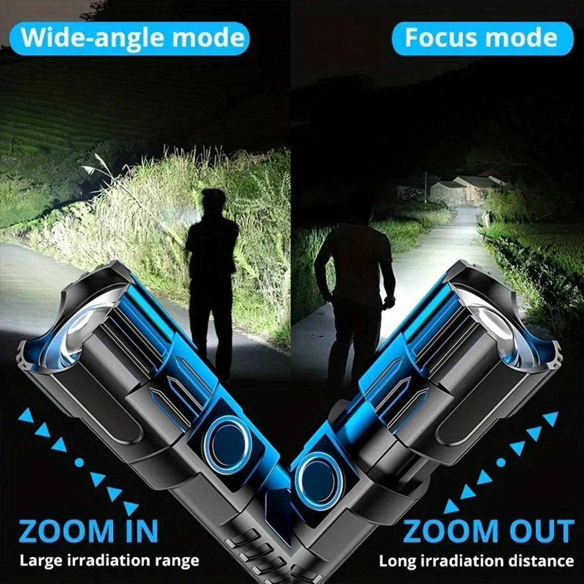 High Strong Power Led Flashlights Tactical Emergency Spotlights Telescopic Zoom Built-in Battery USB Rechargeable Camping Torch