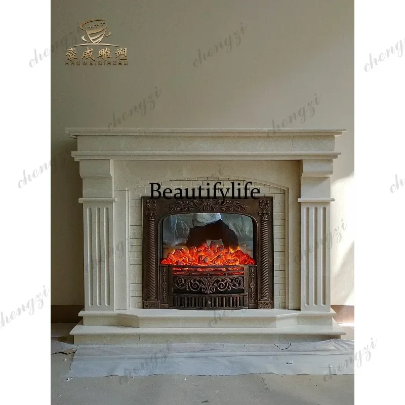 CC85 Marble carving European fireplace Spanish beige stone American relief flower living room fireplace