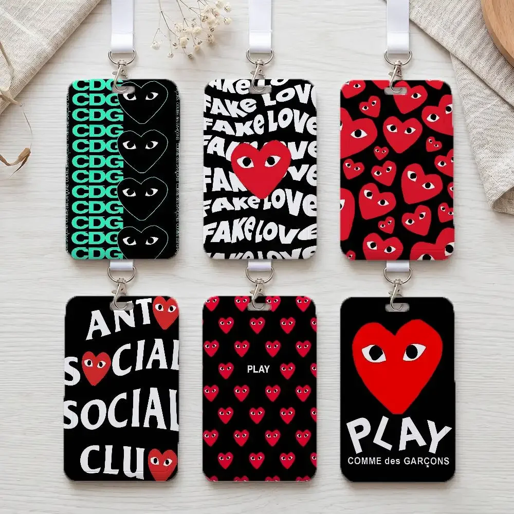 Capa de Crachá de Luxo Vermelha em Formato de Coração C-CDG Love Pocket Portátil para Funcionários de Escritório com Cordão e Estojo para Cartão
