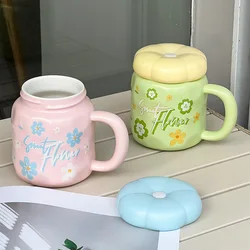 Cute Flower Ceramic Cup with Lid, High Aesthetic Instagram Style Home Couple Water Cup Gift Box, Creative Companion Gift Mug