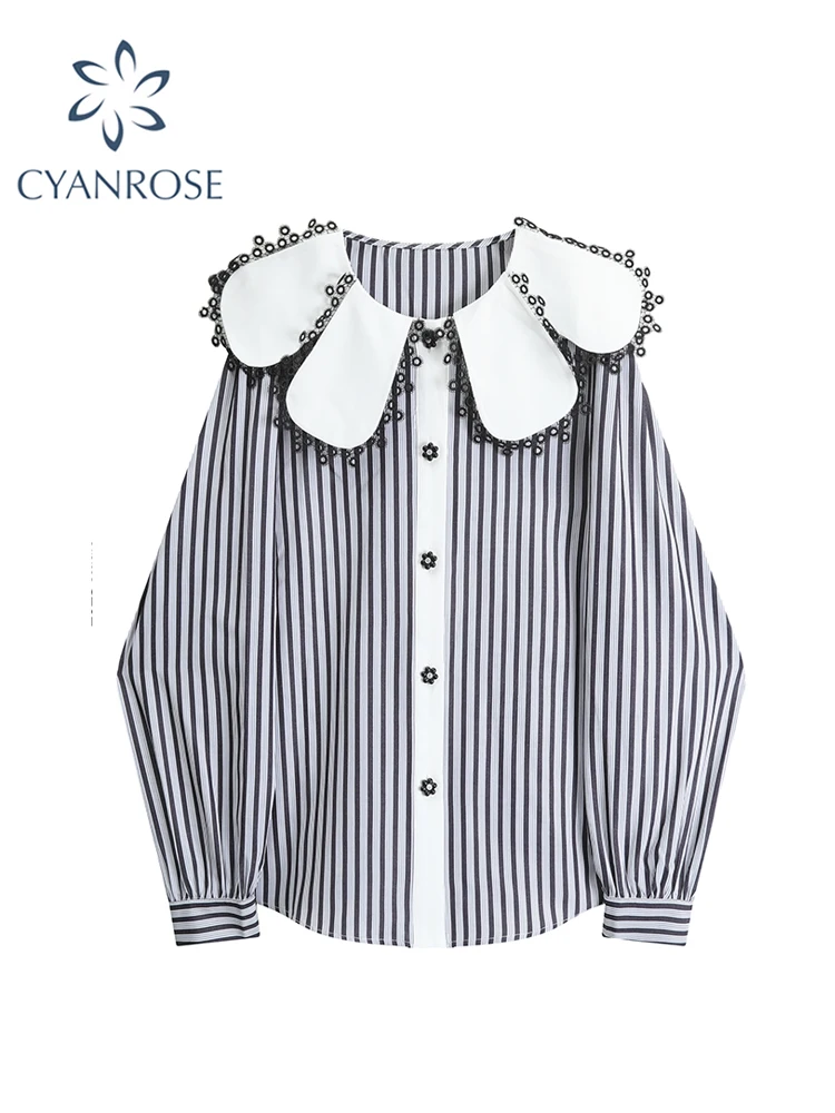 Women\'s Striped Blouse Shirt Tops Korean Vintage Fashion Shirt Y2k Kawaii Peter Pan Collar Long Sleeve Shirt Ladies Autumn 2023