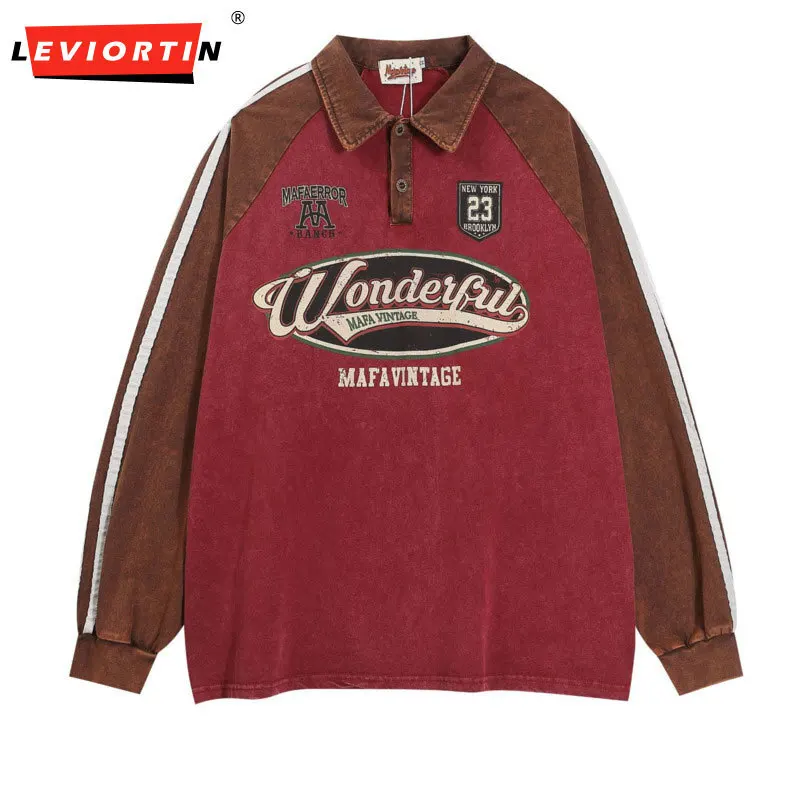 Spring/ Autumn American Retro Street College Style Polo Collar Long Sleeve Men's and Women's Loose Versatile Couple Sweatshirt