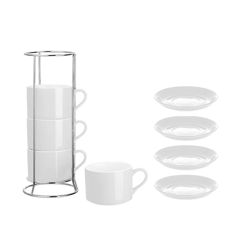

Best-Porcelain Stackable Cappuccino Cups With Saucers And Metal Stand, Espresso Cups For Latte Coffee Cafe,Specialty Coffee