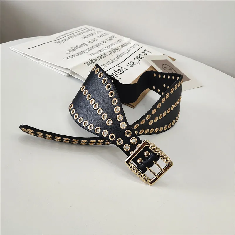 Female New Trendy Elegant Hollow Waist Band Metal Alloy Double Pin Buckle Women Fashion PU Leather Belt