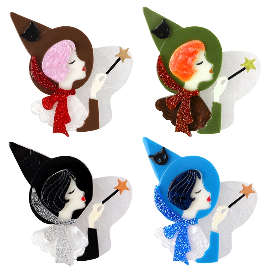 New Acrylic Cute Witch Brooch Pins Cartoon Magic Stick Girl Figure Brooches Badges for Women's Clothing Jewelry Accessories Gift