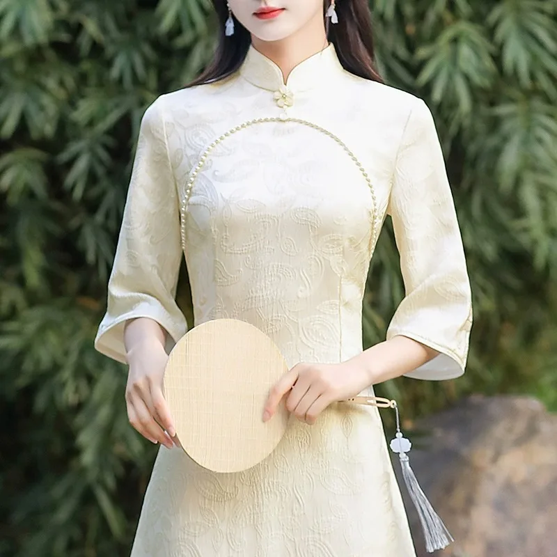 

Элегантное женское модное платье-ципао с длинным рукавом, улучшенная версия, осенняя коллекция, высокое качество