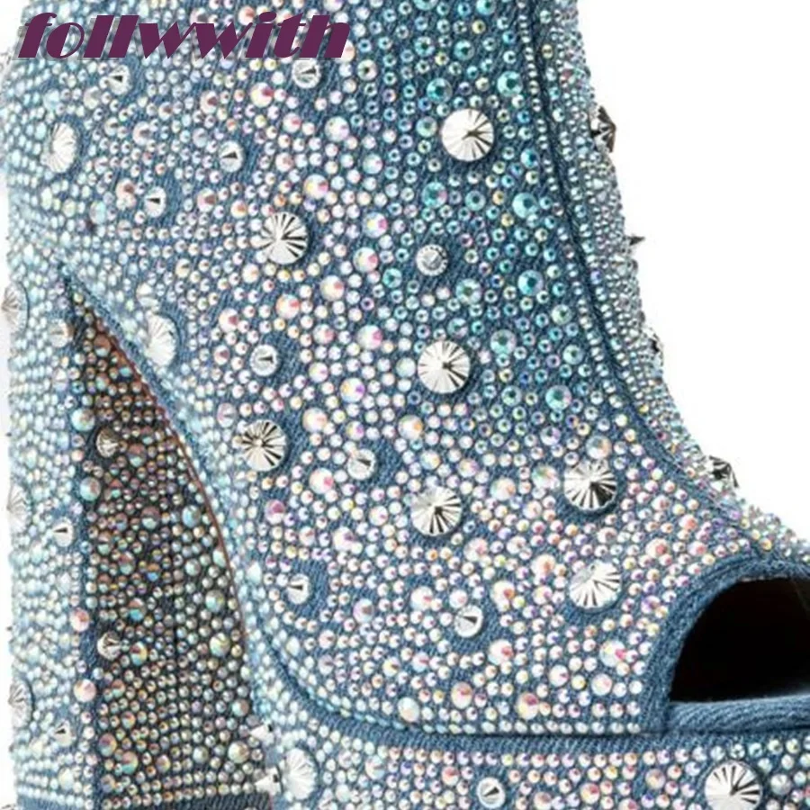 Bling Rivet Dekoration Denim Square Heel Peep Toe Pumps Plattform Super High Fashion Modern 2025, heißer Verkauf, neue Ankunftsschuhe